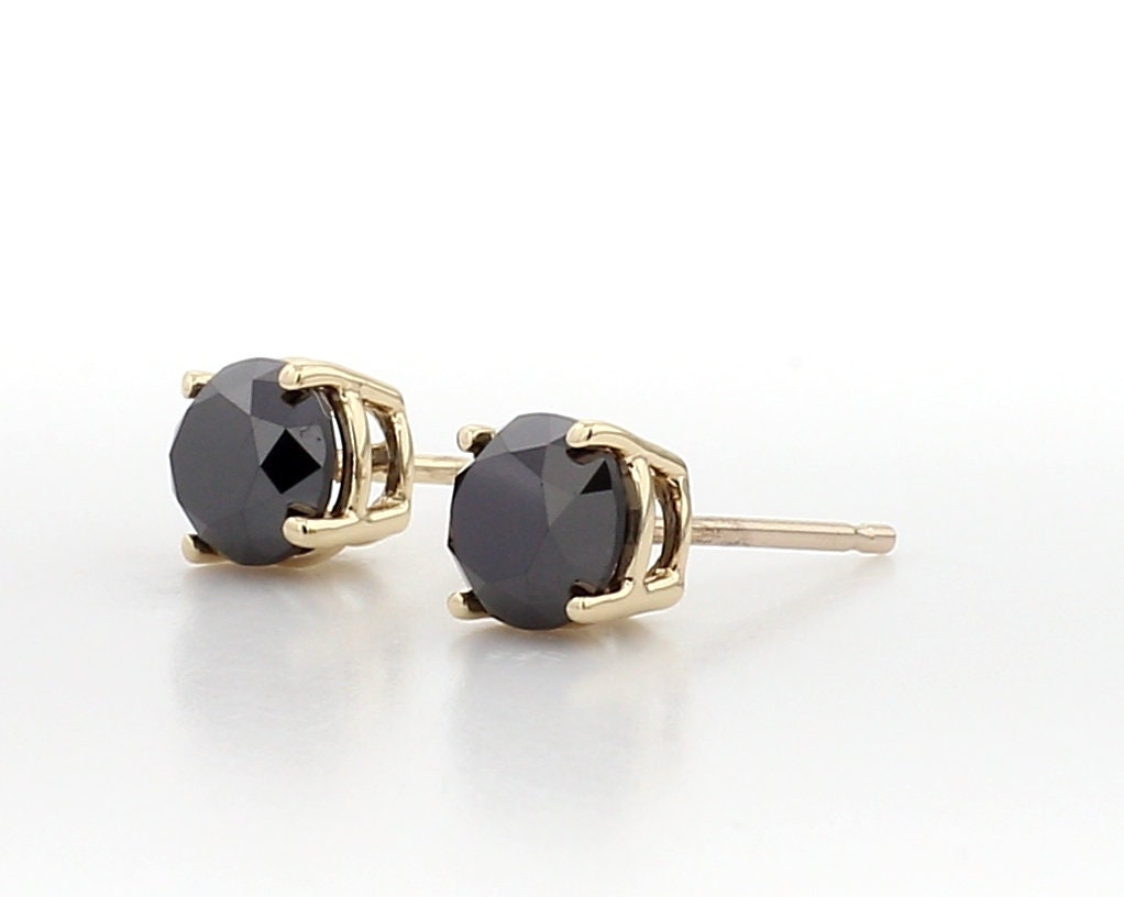 14K Gold 1CT Black Diamond Stud Earrings: Round Cut