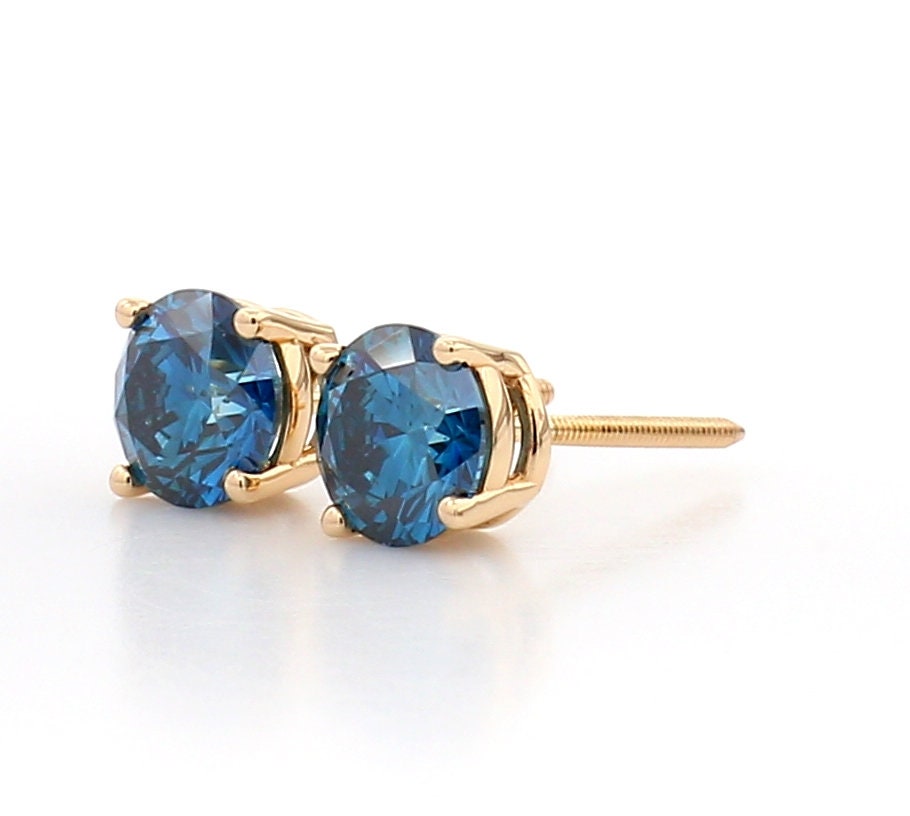 2.25Ct Blue Diamond Stud Earrings: 14k White Gold Screw Back