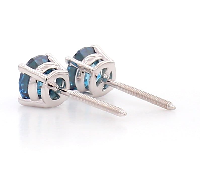 14K White Gold Blue Diamond Stud Earrings: 1.50 CT Screw Back