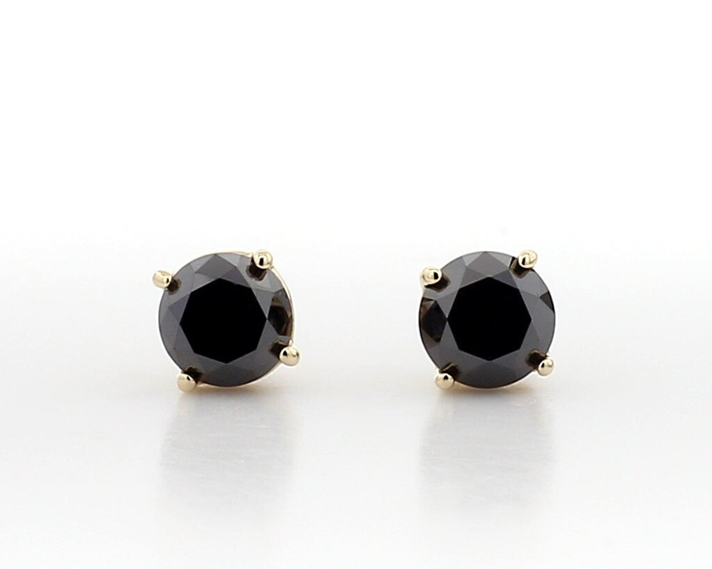 14K Gold 1CT Black Diamond Stud Earrings: Round Cut