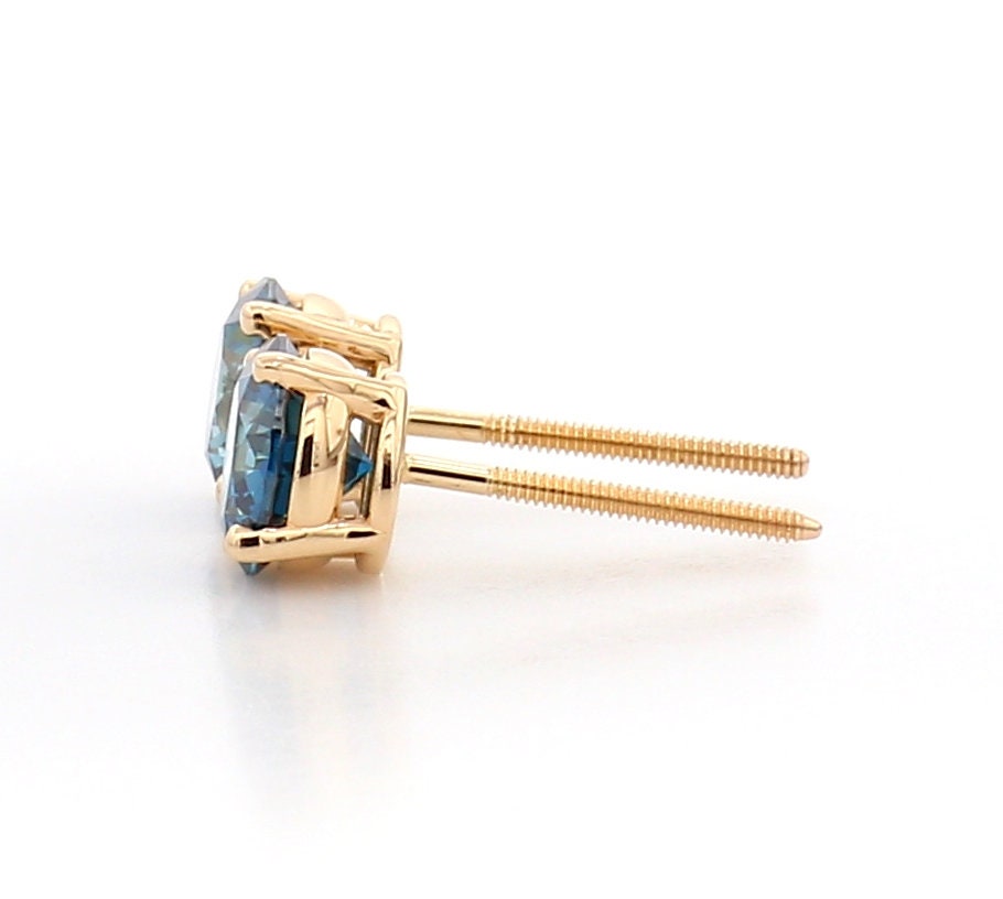 2.00Ct Round Blue Diamond Stud Earrings: 14K White Gold Screw Back