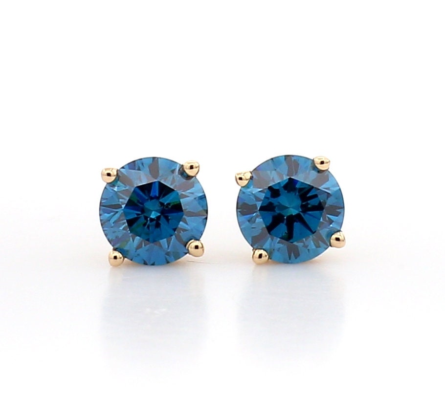 Natural Round Blue Brilliant Diamond 14K White Gold Screw Back Stud Earrings 0.75 CT