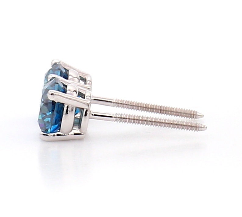 14K White Gold Blue Diamond Stud Earrings: 1.50 CT Screw Back