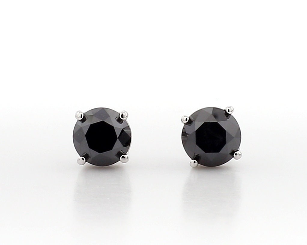 14K Gold 1CT Black Diamond Stud Earrings: Round Cut