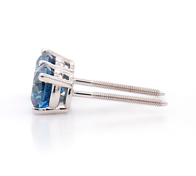 14K Yellow Natural Color Enhanced Blue Round Brilliant Diamond Screw Back Stud Earrings 1.00ctw