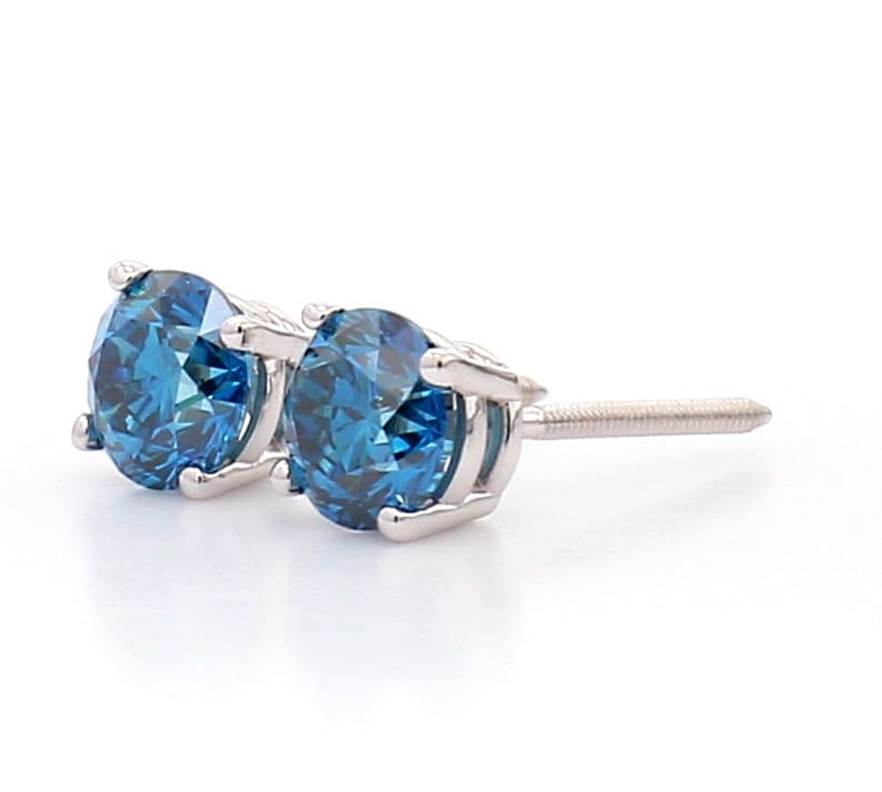 2.00Ct Round Blue Diamond Stud Earrings: 14K White Gold Screw Back
