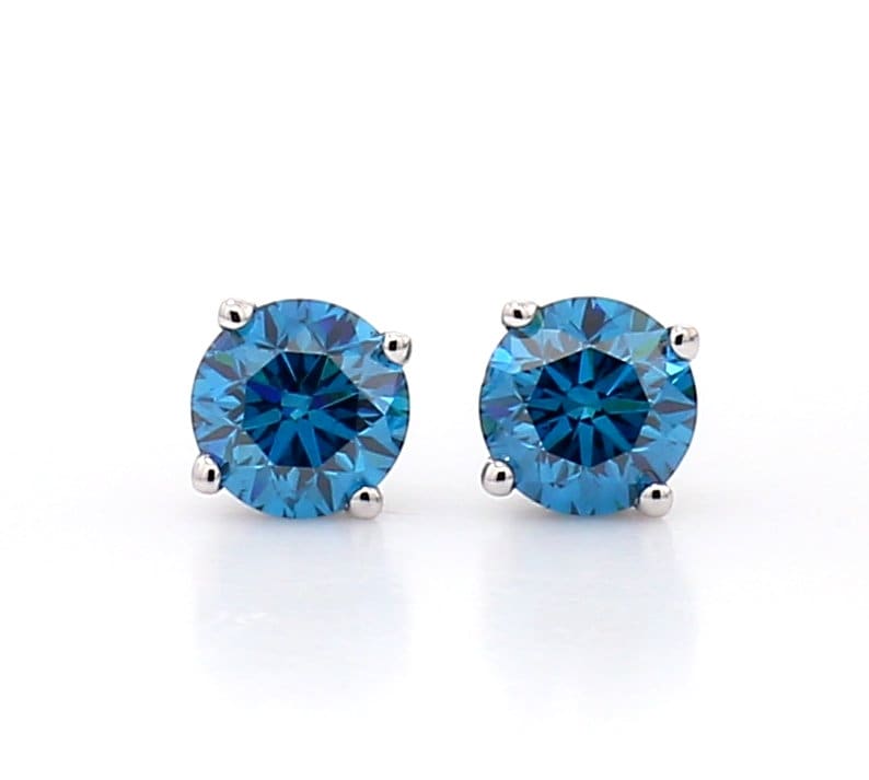 14K White Gold Blue Diamond Stud Earrings: 1.50 CT Screw Back
